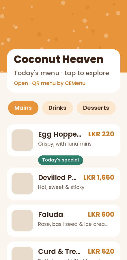 A live CEMenu demo menu showing Sri Lankan dishes with prices.